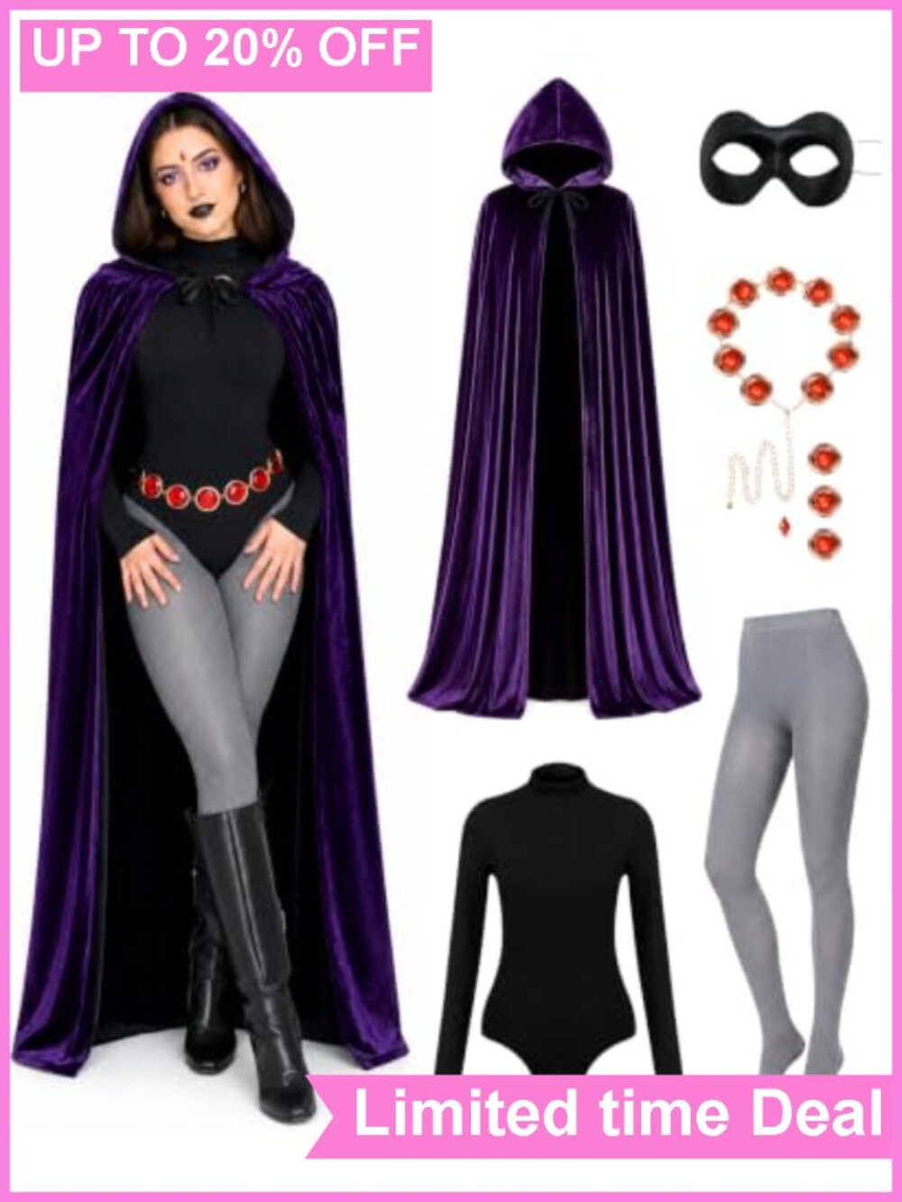 Raven Halloween Costume Set 6 Pcs Hooded Cloak Bodysuit Tights Cosplay Outfit